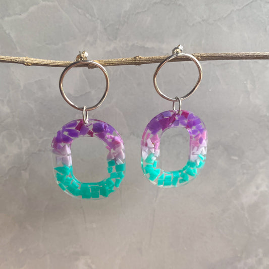 Eco Friendly Aqua and Purple Oval Studs - embedded with Ocean Plastic