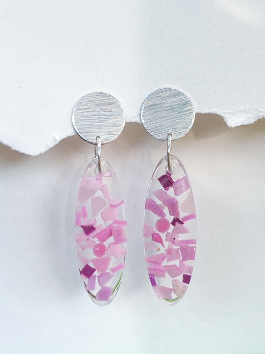 Sterling Silver & Pink Oval Studs - embedded with Ocean Plastic