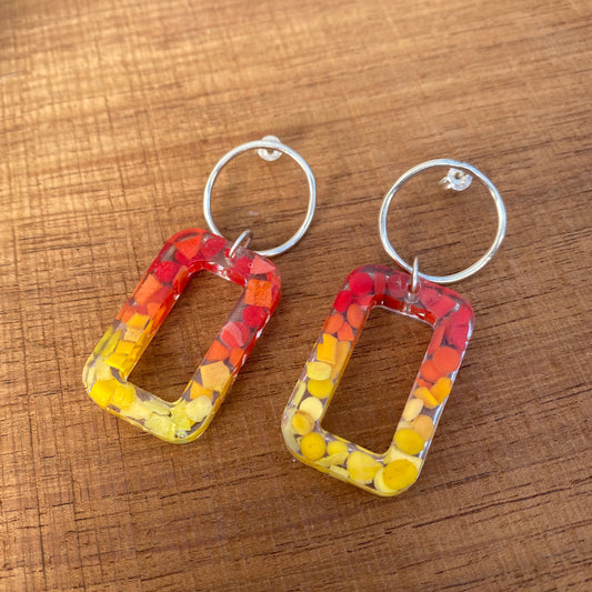 Oblong Stud Earrings - Embedded with Red and Yellow Marine Plastic